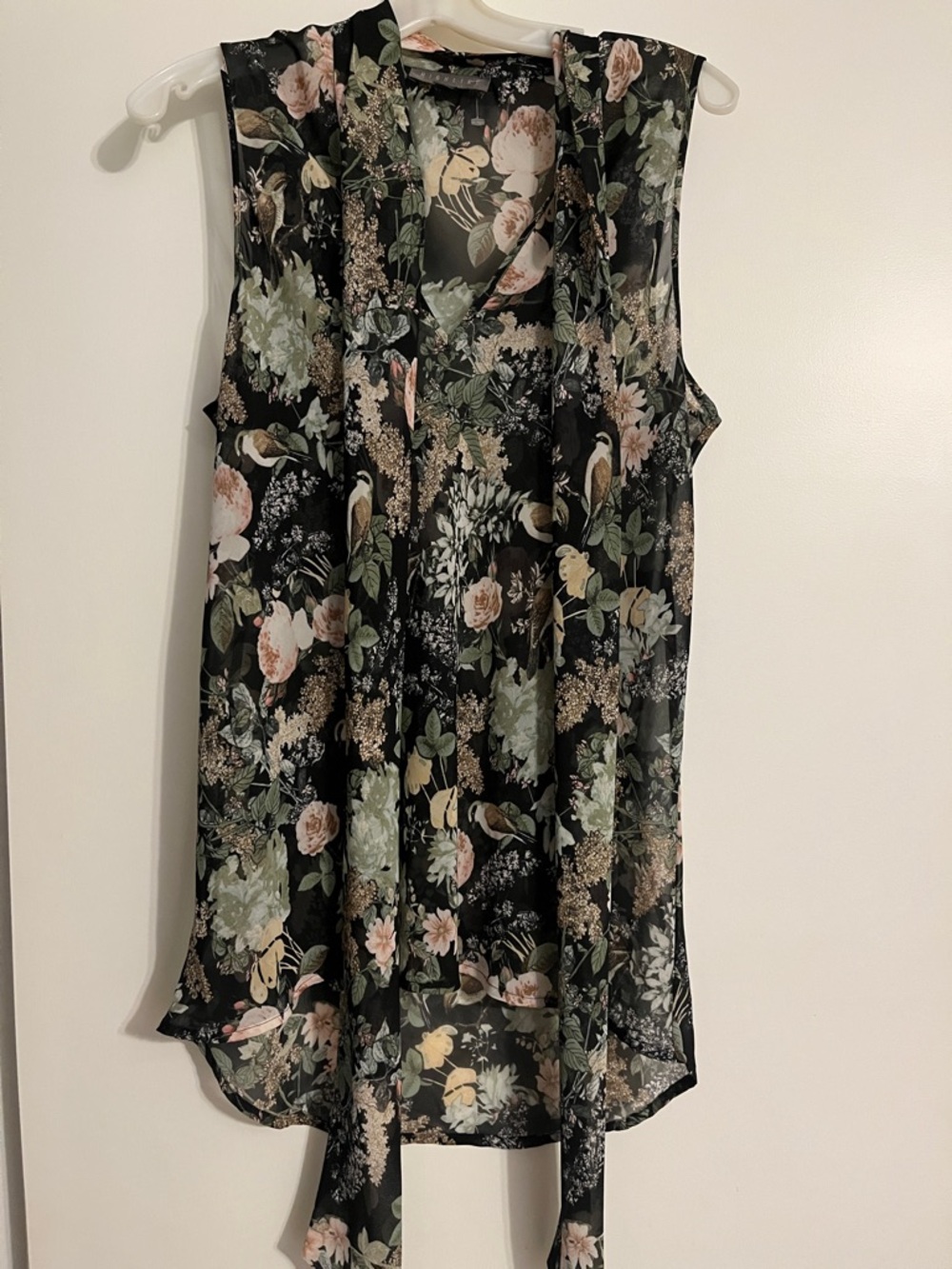 Semi sheer Black Floral Tie-Neck sleeveless Blouse M